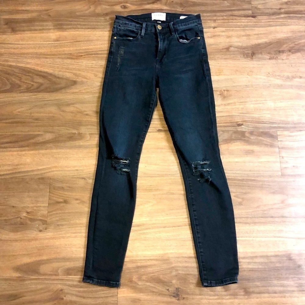 Frame Jeans Women's 26 Le High Skinny Portofino Dark Wash Distressed